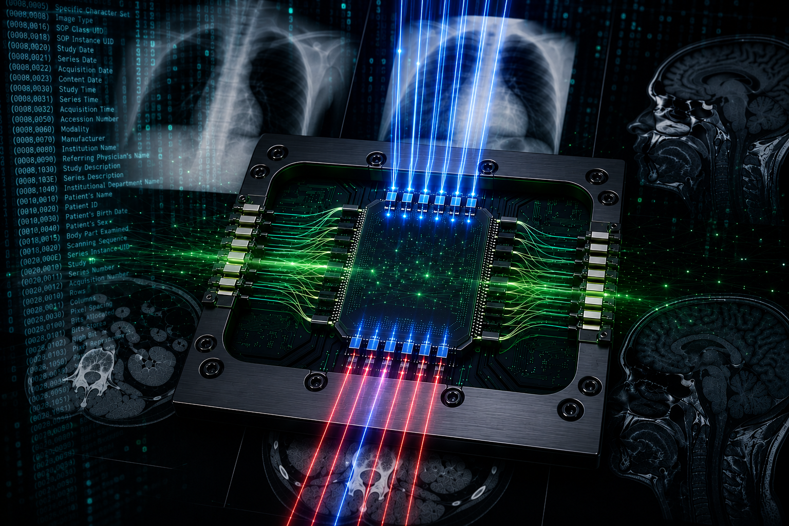 Medical X-ray, CT, and MRI images surrounding a photonic computing processor connected by an artificial intelligence network